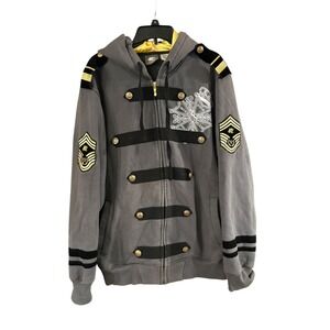 Clench Mens Military Full Zip Hoodie Grey Black Gold Button Embroidered 2XL
